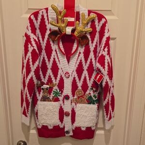 Festive Christmas Red and White Button Up Cardigan with Reindeer Antlers NWT